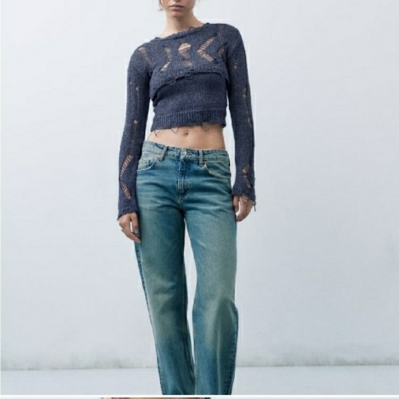 Zara Black Distressed Knit Crop Sweater - Picture 1 of 6